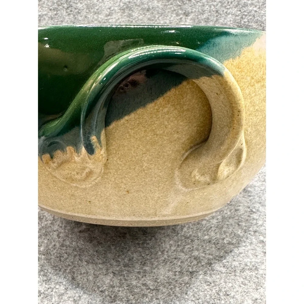 Handmade Studio Pottery Batter Bowl Green Blue Drip Glaze Signed Spout Handle